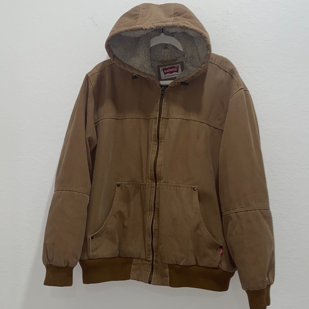 Levi’s Canvas Sherpa Hooded Bomber/Varsity Full Zip Coat/Jacket-XL-Tan-Very Warm